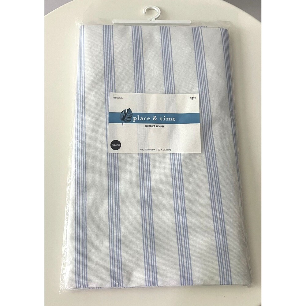 Place & Time Summer House 60” Round Vinyl Tablecloth – Blue & White Striped